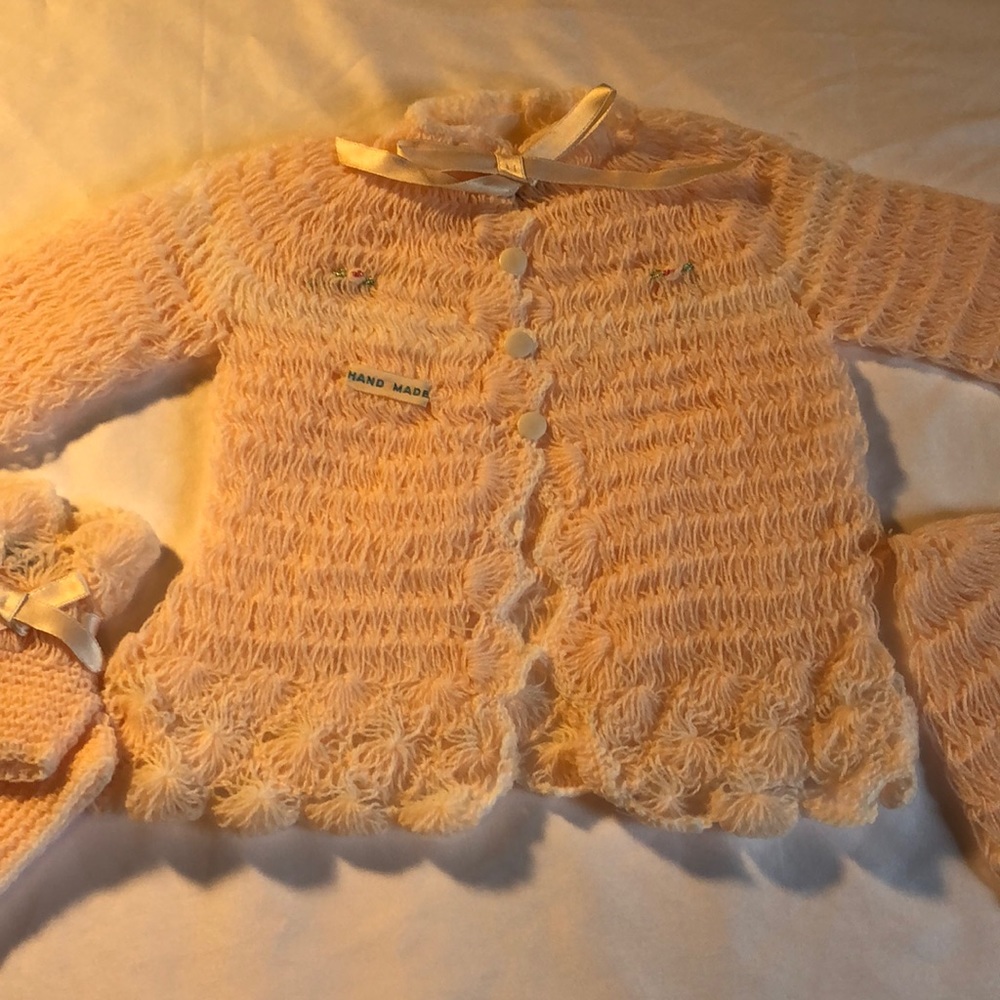 Vintage hand crocheted Baby sweater set.